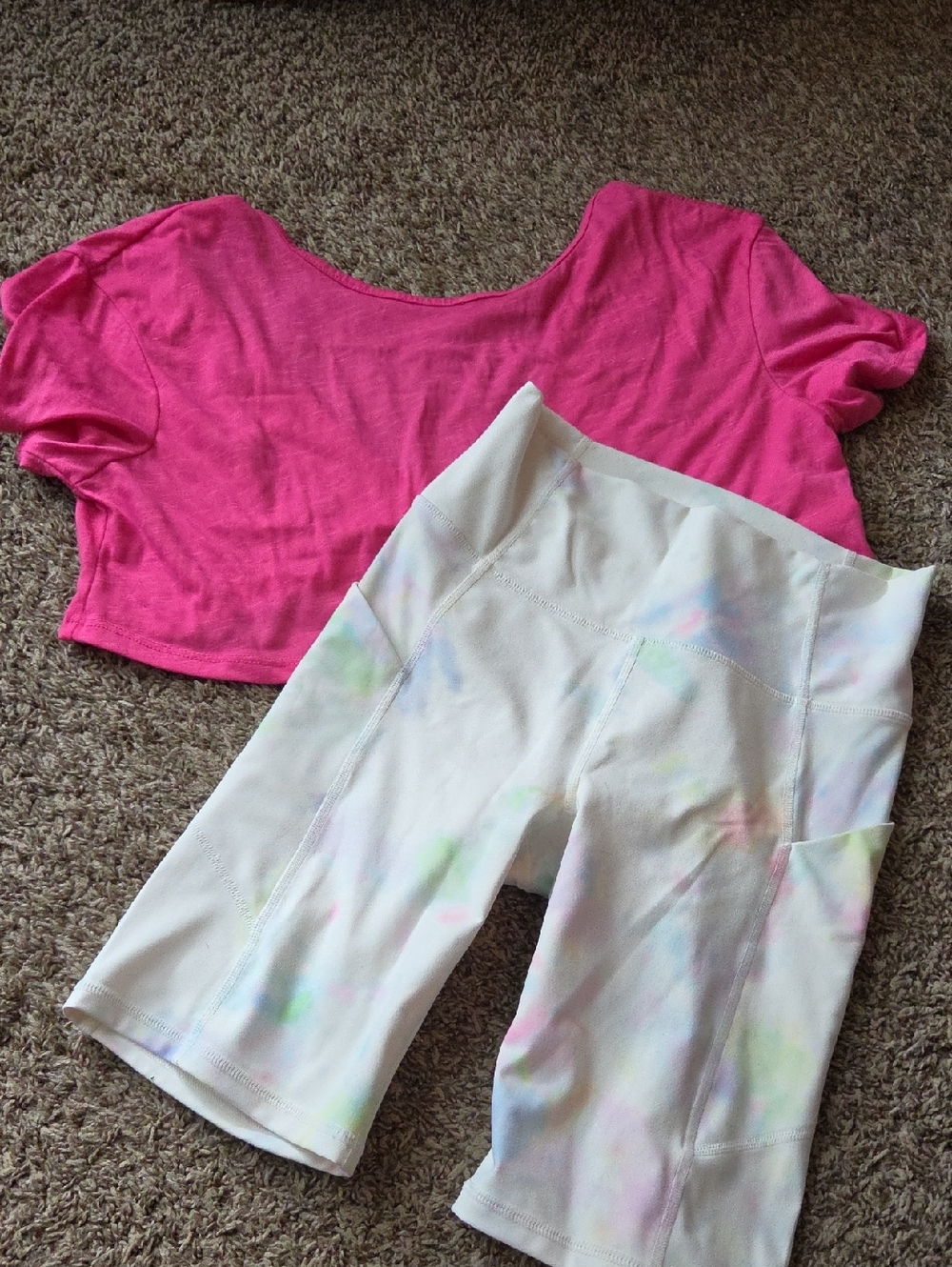 Fabletics White Tie-Dye Shorts with Pastel Accents With Fuschia Top.  Medium